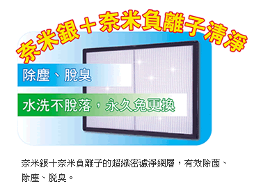 奈米銀＋奈米負離子的超纖密濾淨網層，有效除菌、除塵、脫臭。